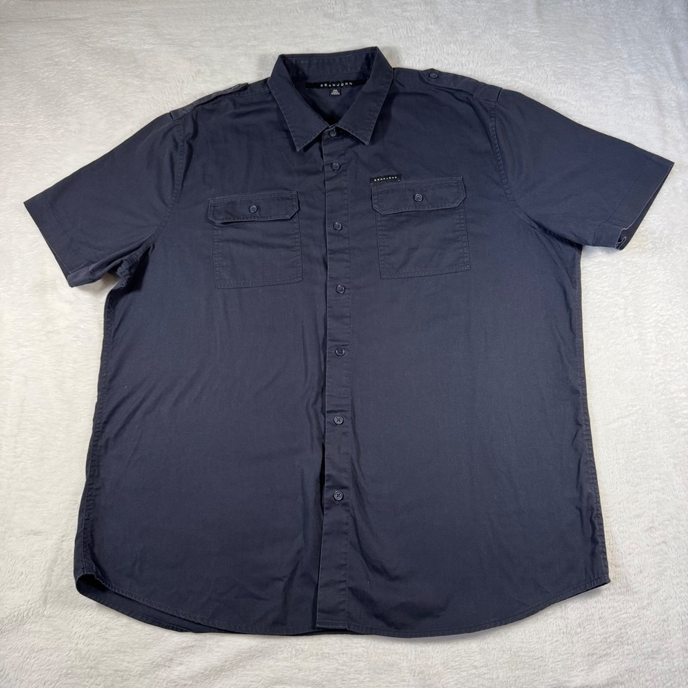 Sean John Button Down Shirt Mens 2XL Navy Blue Military Epaulettes Pocket
